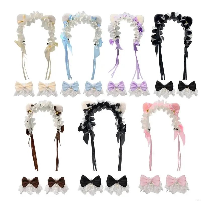 

39BC Fashionable Cats Ear Hair Band Lace Material Artistic Bows And Ringing Bells Trim