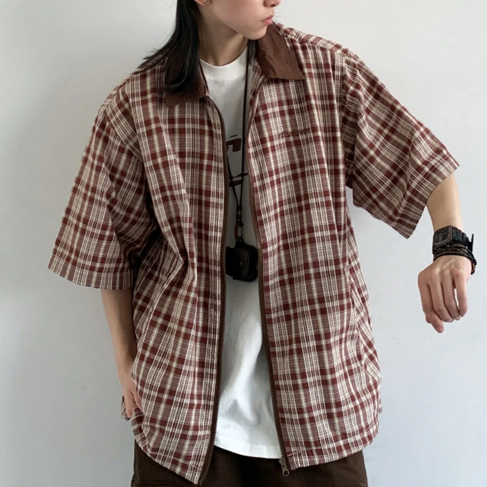 Japanese Vintage Checkered Shirt For Men Women Summer Short Sleeve Zip-Up Unisex Oversized Casual Streetwear Preppy Top Trendy