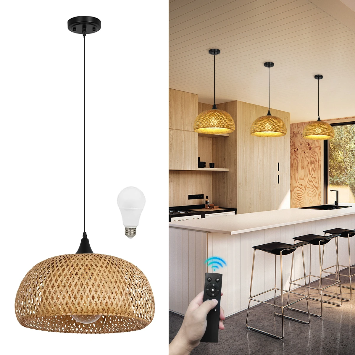 Natural Bamboo Pendant Light Fixture with Remote Contorl, One-Light Rustic Basket Handmade Woven chandelier Lighting