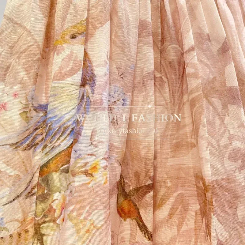 핑크 플로럴 버드 프린트 플리츠 스커트 2025 린넨 실크