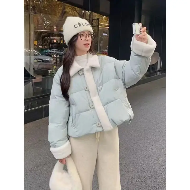 Short Women Parkas Coat Shearling Jacket Solid Pocket Turn Down Collar Single Breasted Loose Fit Thick Casual 2025 Autumn Winter