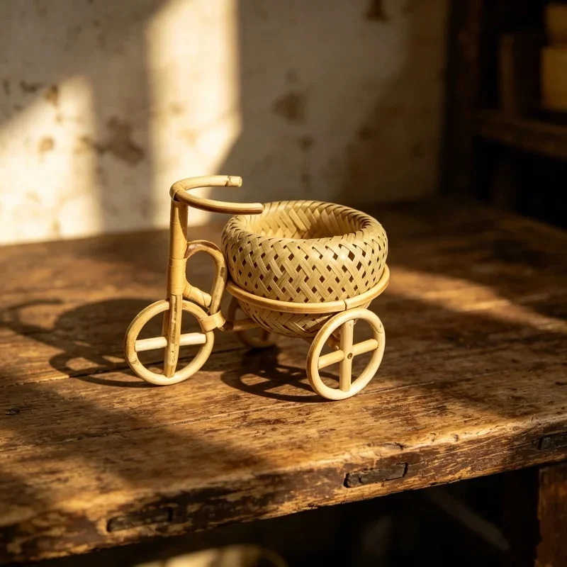 Vintage Rattan Bicycle Shape Woven Basket For Studio Photography Shooting Scene Layout Household Tabletop Decoration Ornament