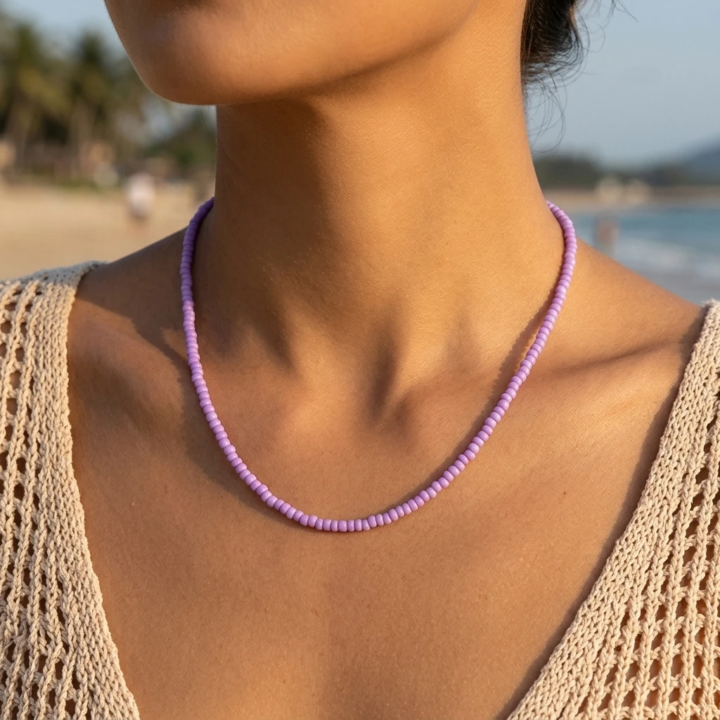 1pc Purple Glass Bead Choker Necklace with Stainless Steel Clasp Y2K Round Beaded Short Necklace for Women Beach Style
