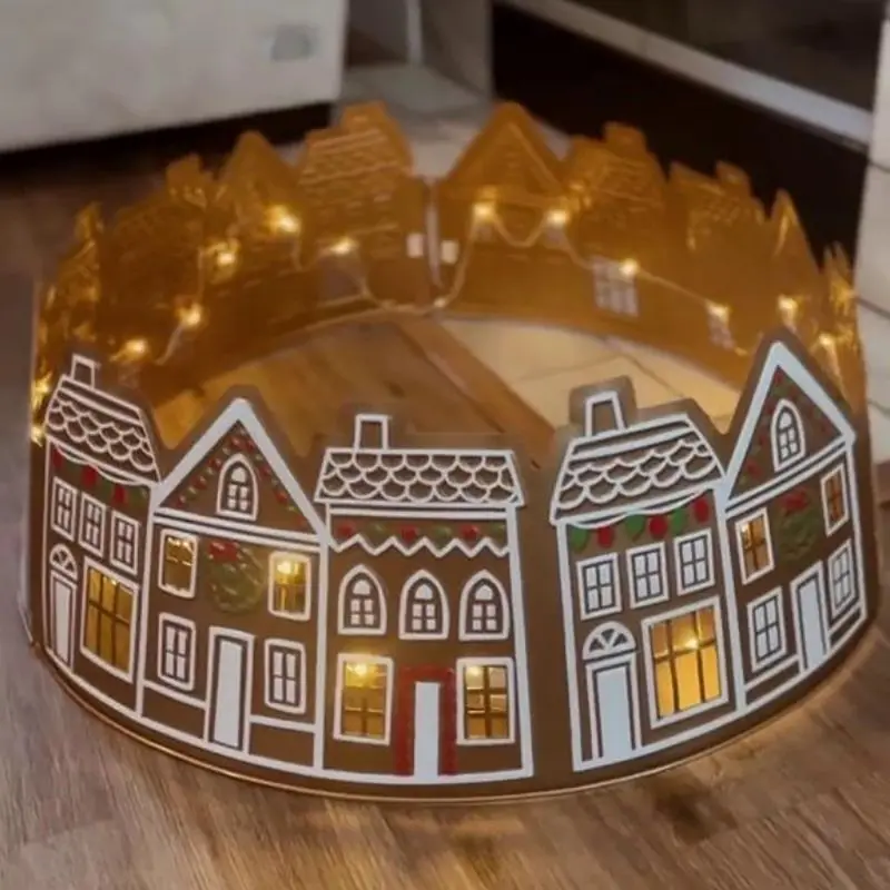 

Christmas Tree Collar Gingerbread House Tree Skirt Collar with LED Lights Xmas Tree Base Cover for Holiday Home Decor