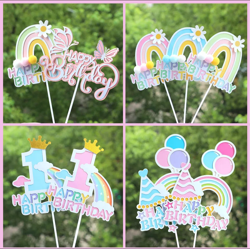 Feliz aniversário bolo topper coroa borboleta castelo arco-íris crianças festa de chá de bebê cupcake toppers decoração suprimentos de cozimento diy
