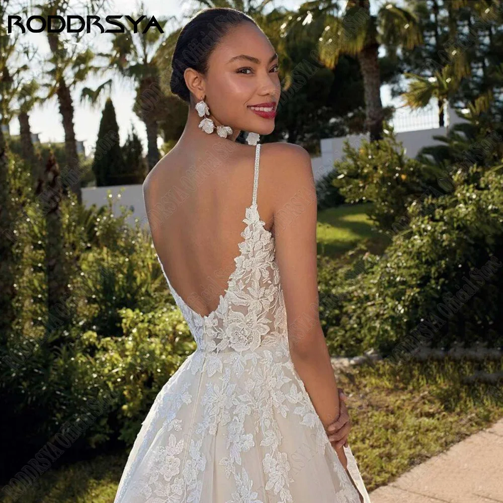 Roddrsya Civiele Trouwjurk Spaghettibandjes Backless V-Hals Bruid Jurken Kant Applique A-Lijn Tule Boho Vestidos De Novia