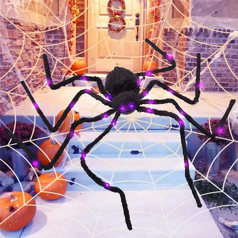 Decoración de araña de Halloween, araña gigante falsa con luces LED moradas, araña peluda negra iluminada para patio de Halloween 90CM