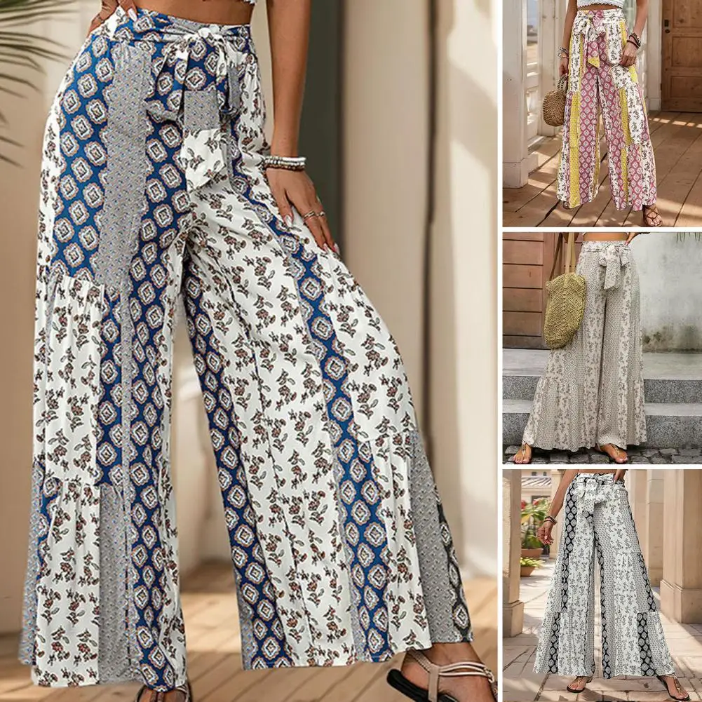 Women Loose Pants Ethnic Style Lace-up Beach Trousers for Women Loose Fit Wide Leg Pants with High Waist Knot Detail Summer Boho