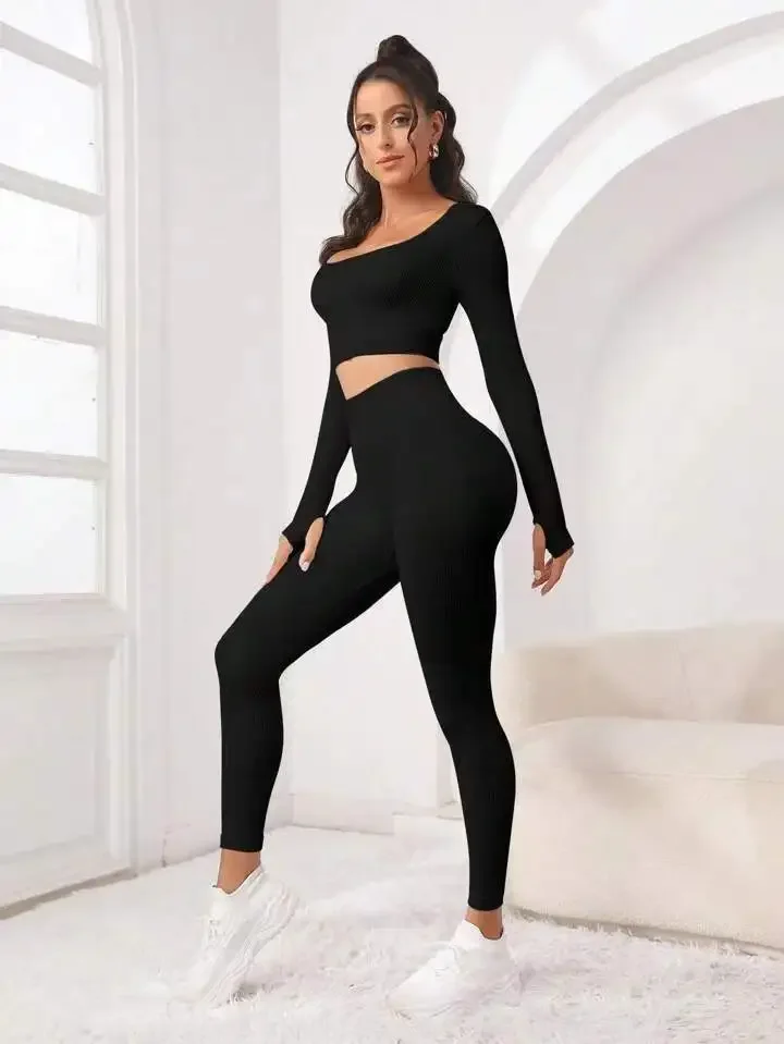 New Threaded Seamless Yoga Long Sleeve Hip Lift High Waist Trousers Fitness Sports Yoga Kit