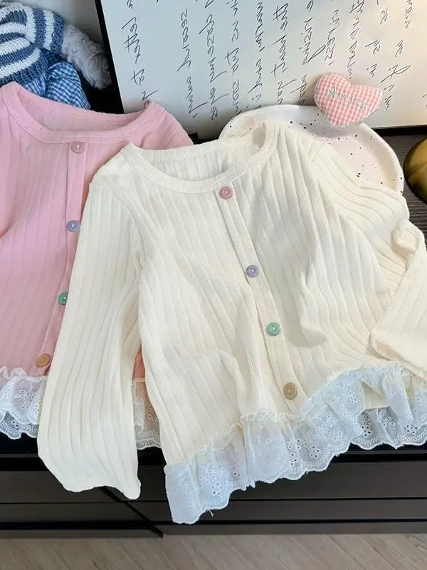 تي شيرت Sweet Girl طويل Sve مع أزرار من الدانتيل بتصميم زهرة صينية Sle لون نقي متعدد الاستخدامات...