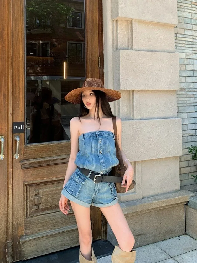 

Miss Yao синий комбинезон-бандо, женский летний комбинезон с высокой талией для девочек, джинсовая одежда для похудения, прямые брюки