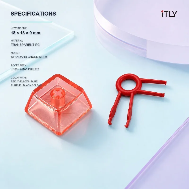 iTLY Square Transparent Keycaps Custom Mechanical Keyboard Replacement Key Cap, Free KP08 Red Keycap Puller Included