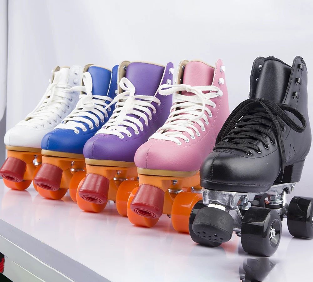 Colorful Genuine leather PU wheels durable quad roller skates professional for rental rink