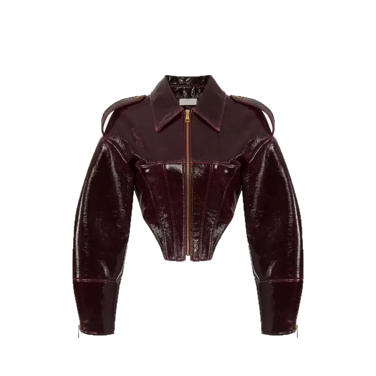 Damen Retro-Lokomotiv-Stil Kurze Lederjacke aus Glänzendem Lackleder Modische Damen-Lederjacke