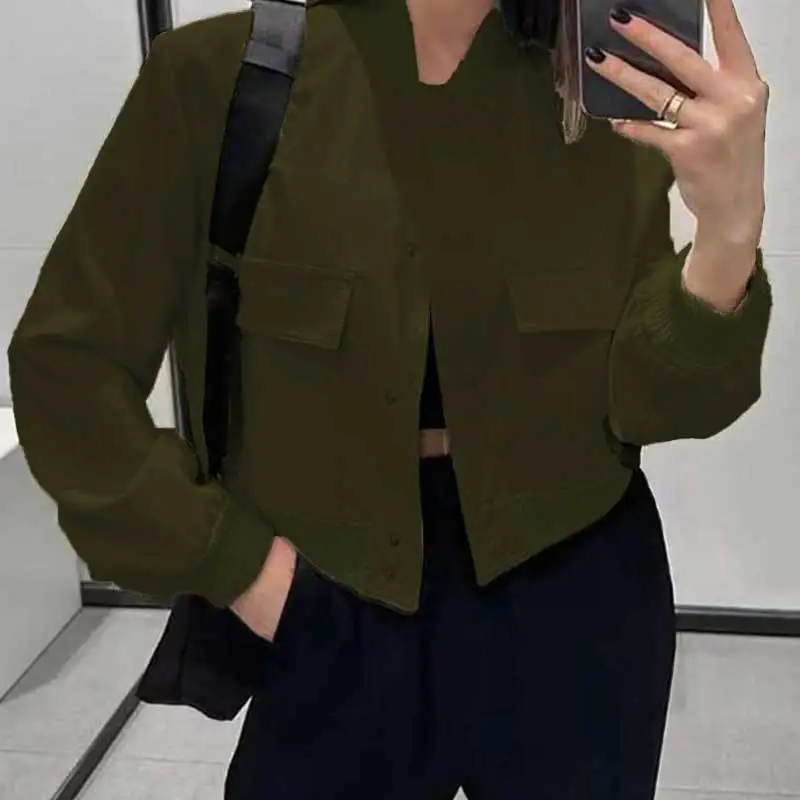 Spring New Solid Color Long Sleeve Women's Bomber Jacket Fashion Zipper Up Vintage Coat Tops Elegant Loose Basic Ladies Jackets