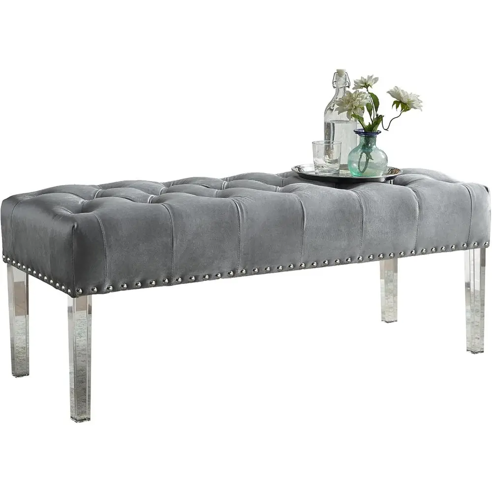 Roundhill urniture Valley Button Tuted Velvet Upholstered Bench with Acrylic Leg, Grey