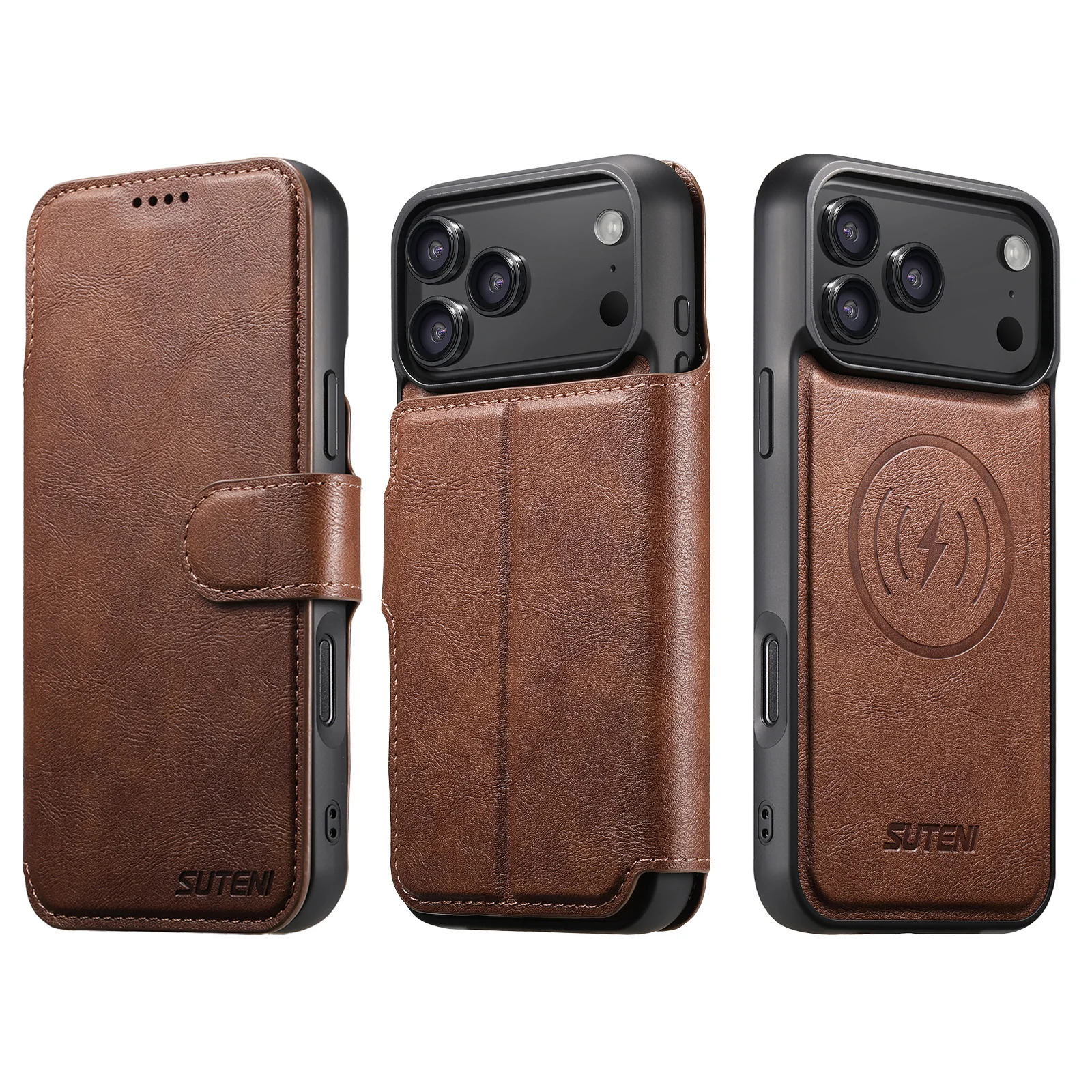 SUTENI Kunstleder Kabelloses Ladegerät Kartenhalter Ständer Brieftasche Magnetische Klapphülle Handyhülle für iPhone 18 Pro Max 17 16 15 14 – Detail 9