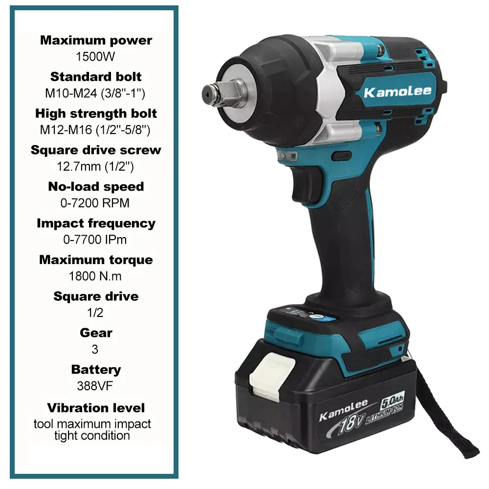 Kamolee 1800 N.M High Torque DTW700 Brushless Cordless Electric Impact Wrench 1/2 In Lithium-Ion Battery For Makita 18V Battery