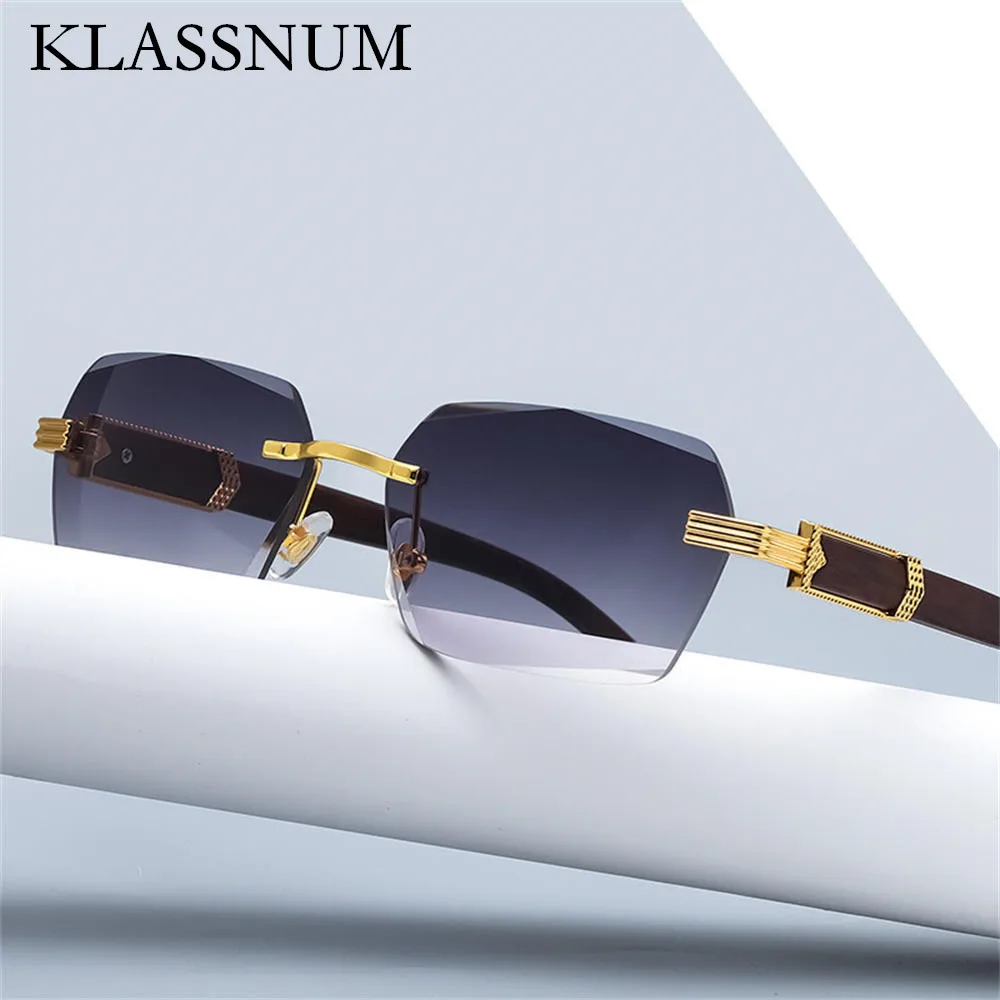 Rimless Rectangle Sunglasses Fashion Wood Grain Frameless Metal Sun Glasses Shades for Women Men Vintage Square Goggles UV400