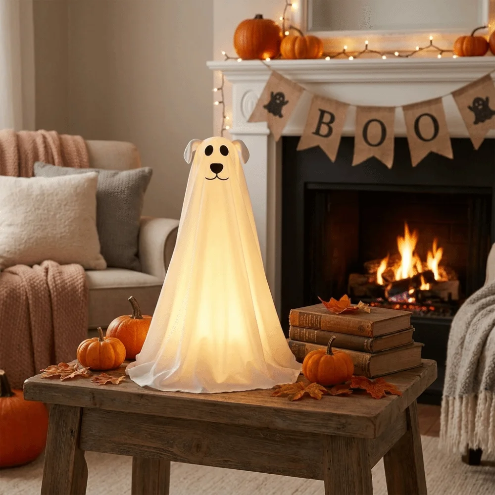 Remote Control LED Lights Ghost Dog Halloween Decor Soft LED Lights Weather Resistant Material Freestanding Ghost Dog Reusable