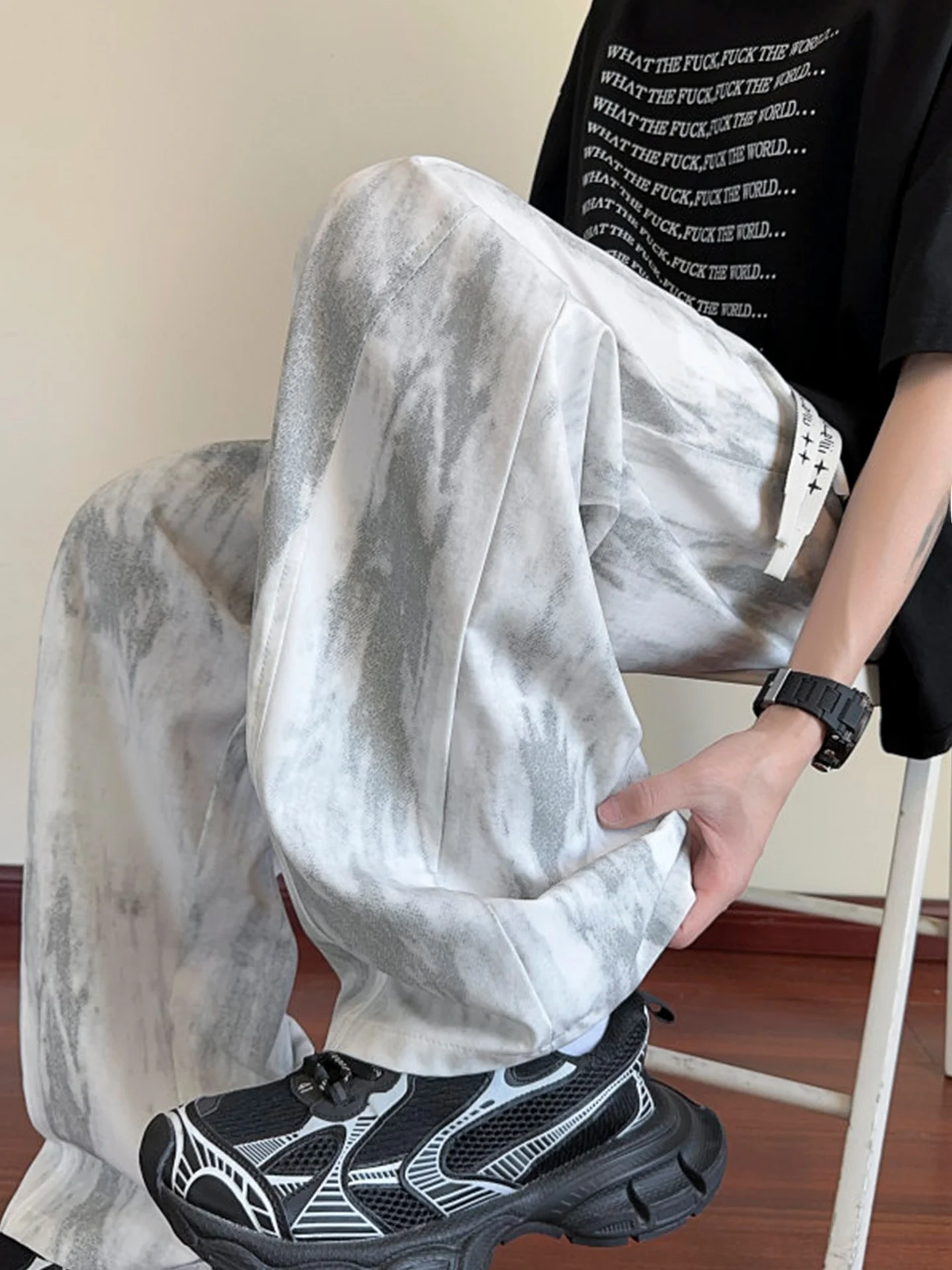 

Мужские летние тонкие брюки свободного кроя из ледяного шелка, прямые, повседневные, с эффектом окрашивания, широкие штанины, в американском ретро-стиле, длинные