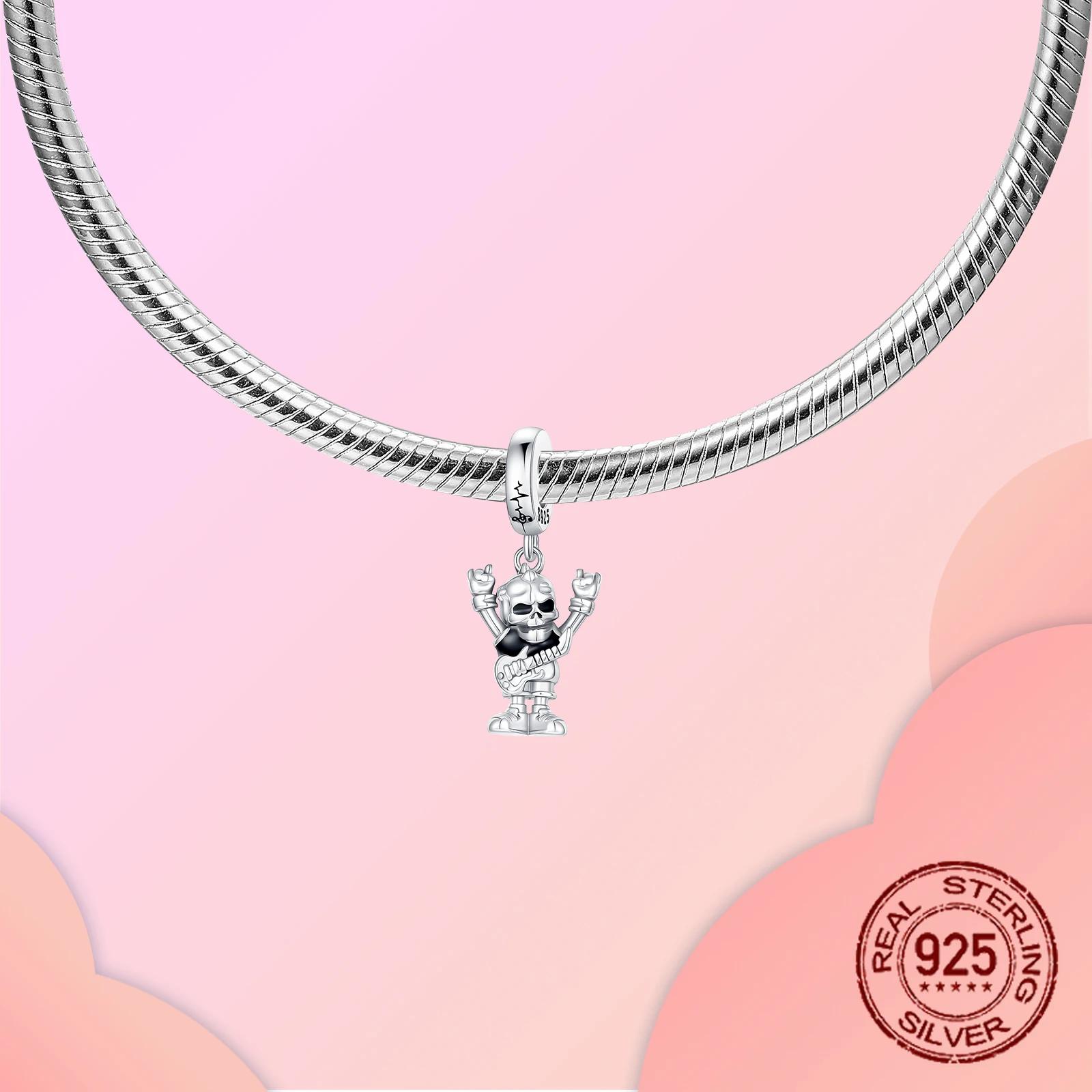 Rock Skull Dangle Charm S925 sterling Silver Guitar Rock Hand Gesture Design Pendant  Fit Bangle Bracelet Necklace DIY Jewelry view 3