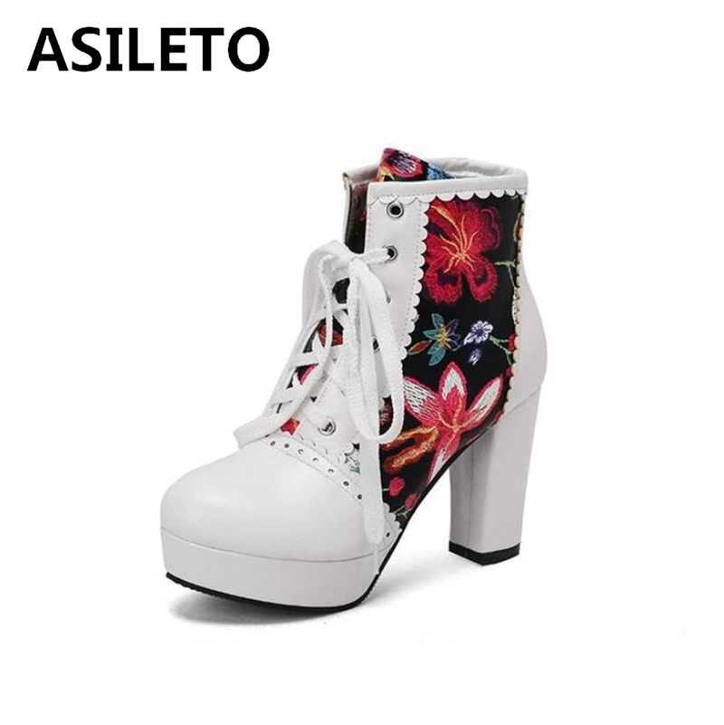 SIMLOVEYO 2025 New Women Ankle Boots Round Toe Square Heel 9.5cm Platform 2.5cm Lace Up Flower Mixed Color 46 47 48 Dating Booty