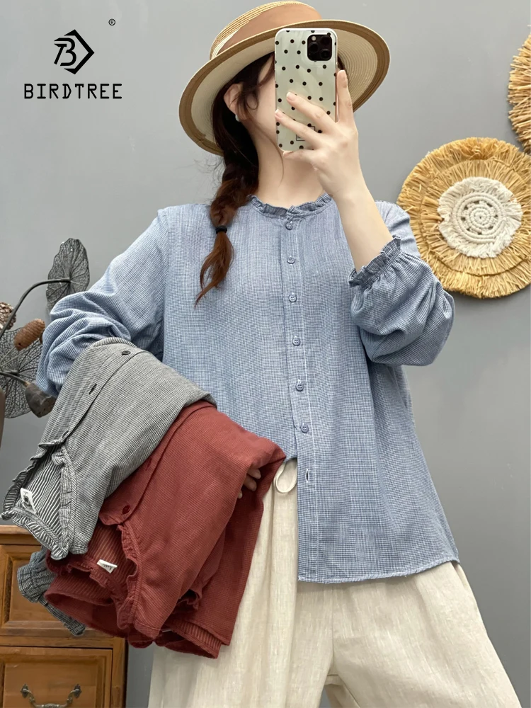 

Новинка 2025, осенняя рубашка с длинными рукавами из хлопковой пряжи, женская свободная блузка с рюшами «гусиные лапки», универсальная OL для девочек Mori, T5N287CC