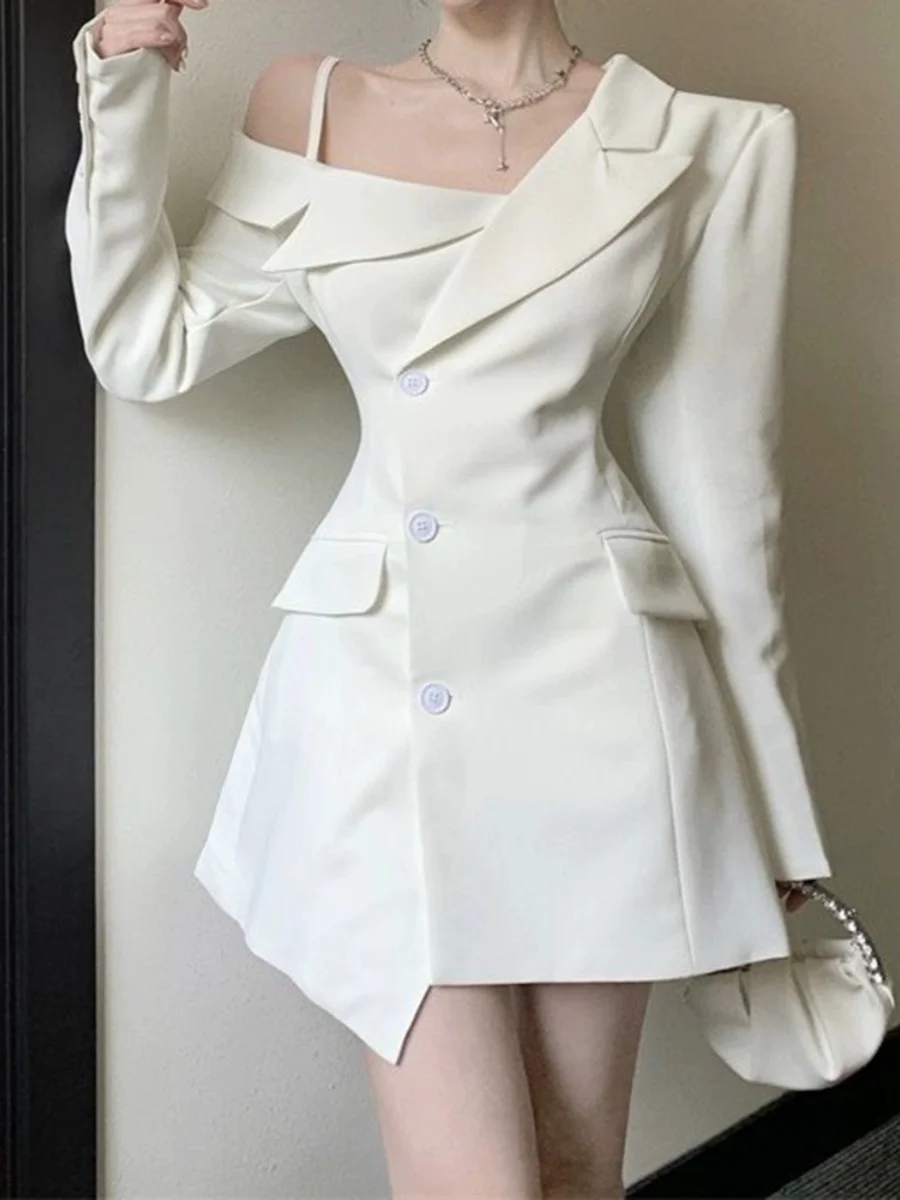 

Ele oulder Bared Suit Long Sve Women's Design Sense Asymmetrical Waist Slimming a Line Skirt Korean Sle Commute