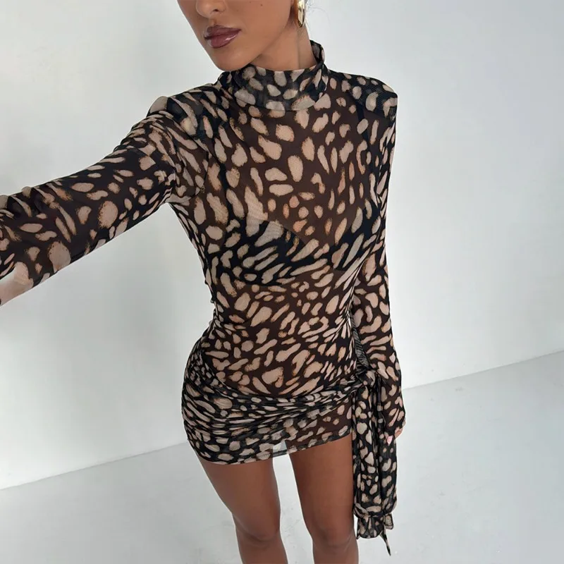 Leopardenmuster, durchsichtig, Netzstoff, Schnürband, figurbetontes Minikleid für Damen, 2025, Herbst, Rollkragen, lange Ärmel, schlanke Nachtclubwear
