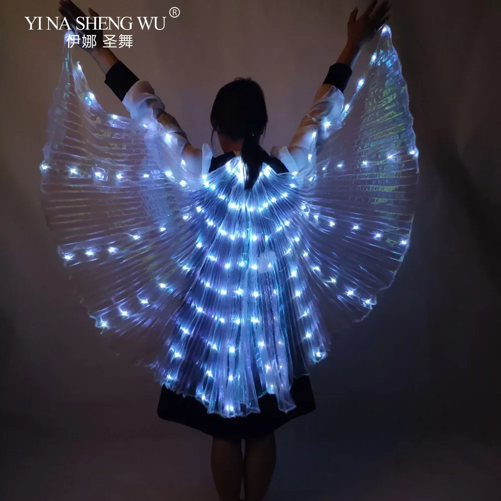 Capa LED luminosa para danza de adultos, tela transparente blanca, accesorios fluorescentes para danza del vientre enganchados a mano, alas para actuación, nuevo
