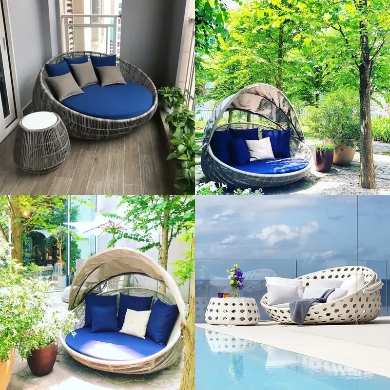 Large Round Outdoor Rattan Daybed Patio Balcony Lounge Chair Wicker Sun Bed for Courtyard Beach Terrace Leisure Furniture