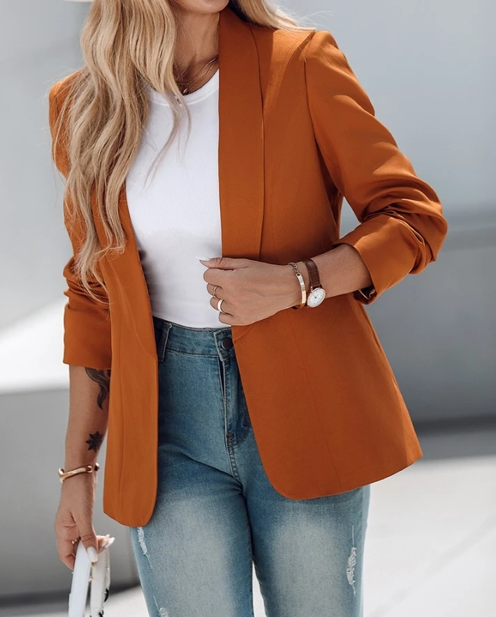 Women's Solid Color Jacket 2024 Autumn Winter Latest Shawl Collar Open Front Blazer Coat Long Sleeved Waist Cinching Cardigan