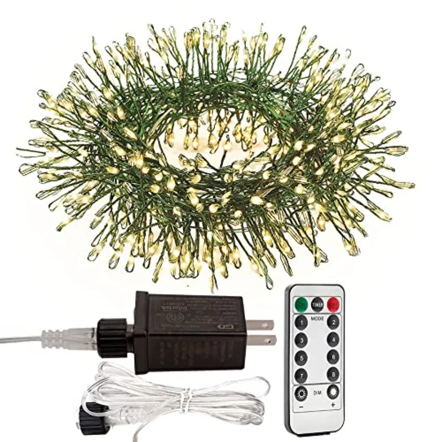 

Firecracker Fairy Lights Plug in, 100Feet 1000LEDs Green Wire Cluster String Lights, Waterproof 8 Modes Remote Twinkle Light fo