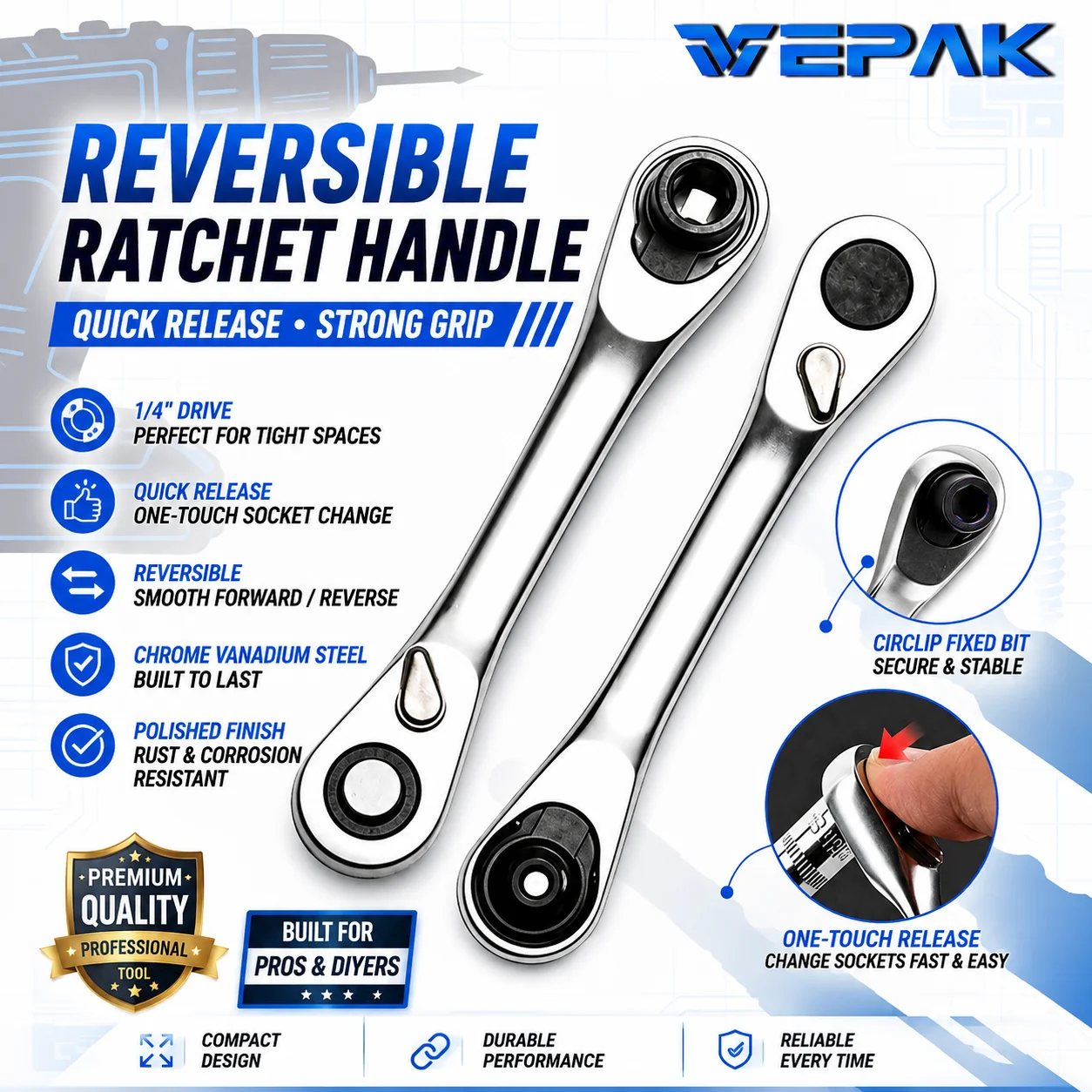 VEPAK Dual Head Mini Ratchet Wrench 72-Tooth 1/4