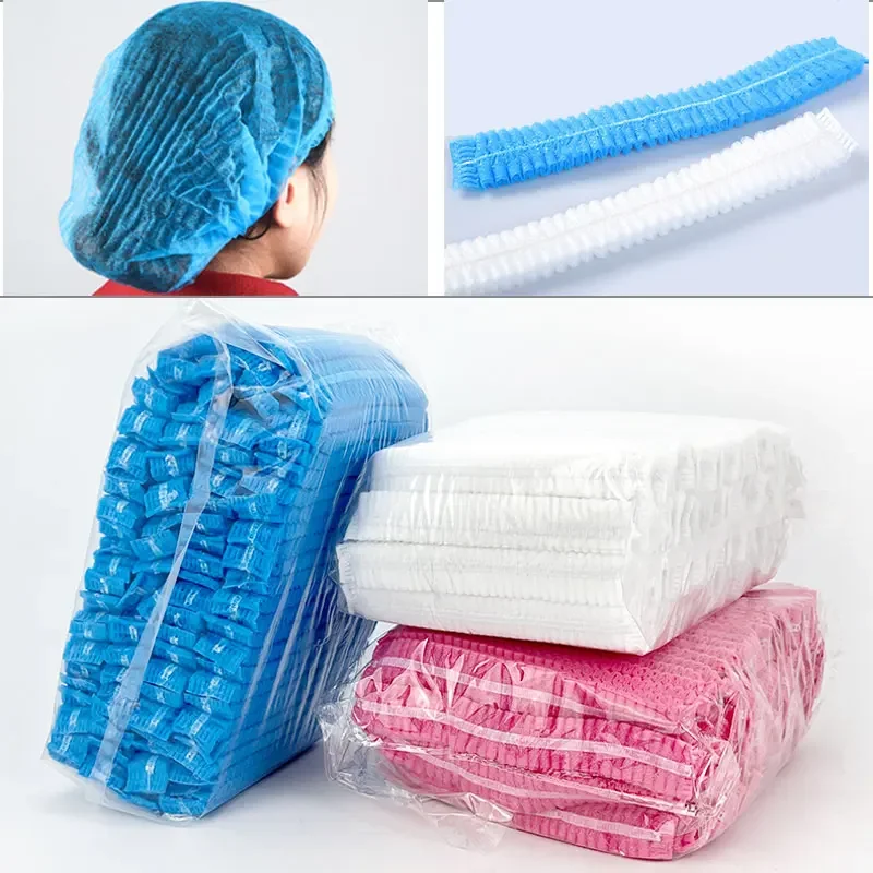 

100pcs Blue Disposable Strip Cap Non-woven Fabric Headgear Elastic Force Breathable Thin Dustproof Oil Fume Prevention Chef Hat