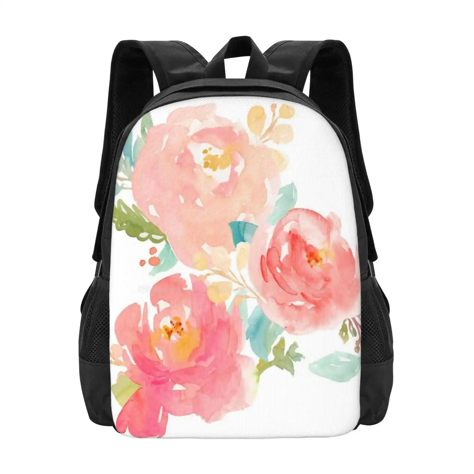 Peonies Watercolor Bouquet New Arrivals Unisex Bags Student Bag Backpack Summer Pastel Flower Floral Girly Pink Mint Romantic