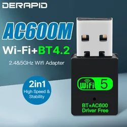 600Mbps USB WiFi Bluetooth Adapter Dual Band 2.4/5.8Ghz Wireless External Receiver WiFi Dongle for Laptop/Desktop Windows7/10/11