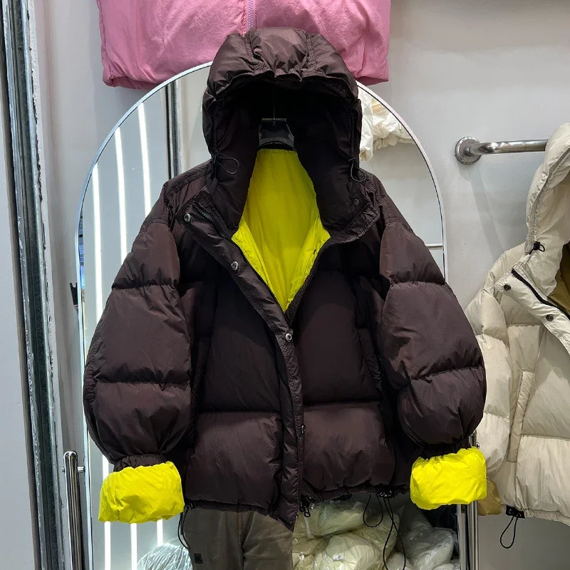 Schinteon Vrouwen Donsjack Met Kap Herfst Winter Warme Dikke Casual Losse Over Size Uitloper Witte Eend Down Jas 2024 Nieuwe