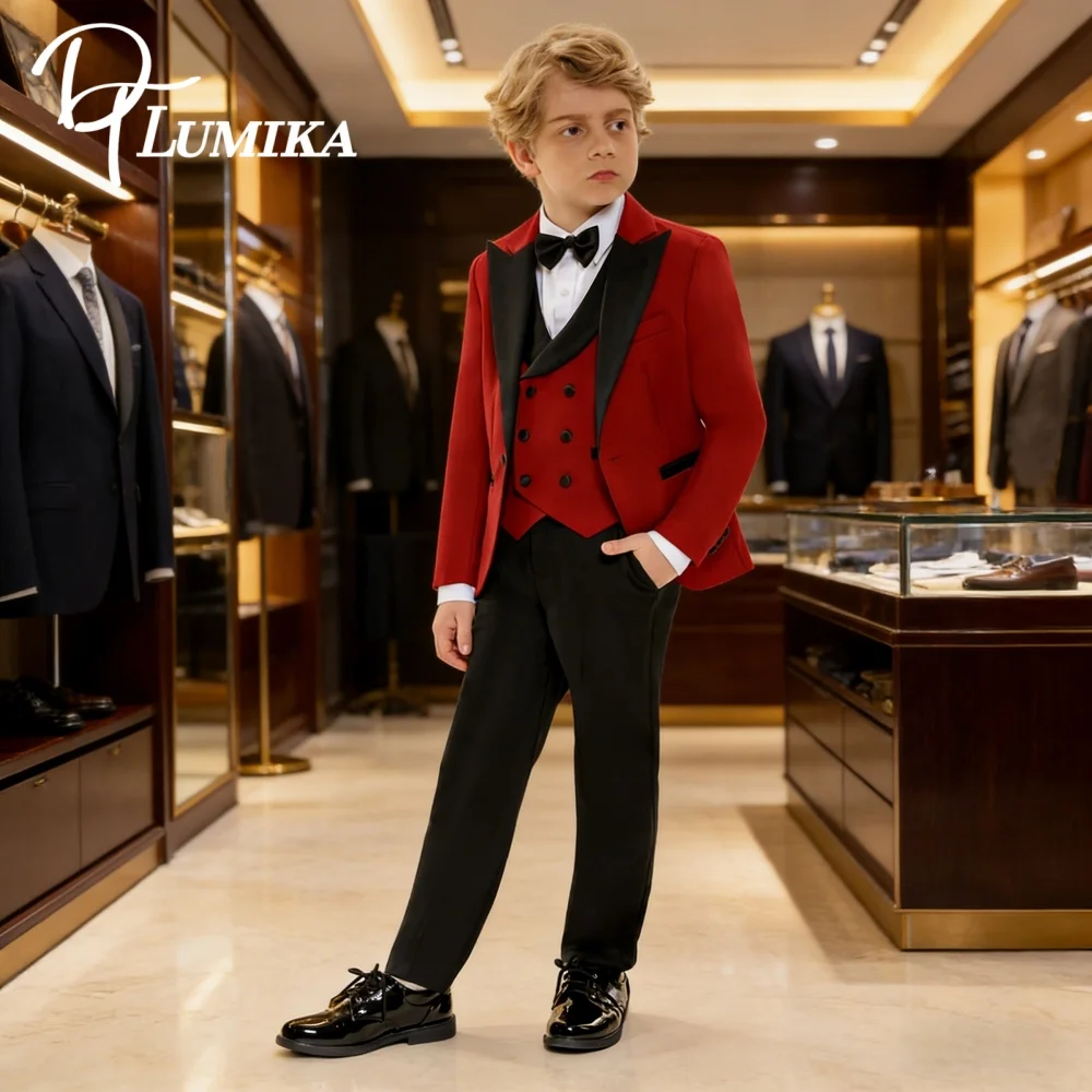 

Fast Ship New Year Occasion Boys Suit Set 4pcs: Red & Black Chic Glamor Tuxedo for Kids Formal Party Dress