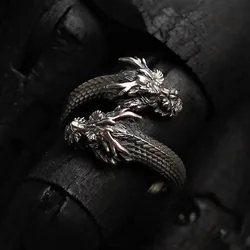 New Personalized Retro Domineering Trend Two-headed Dragon Ring Men Women Punk Adjustable Ring Hip Hop Rock Simple Accessories