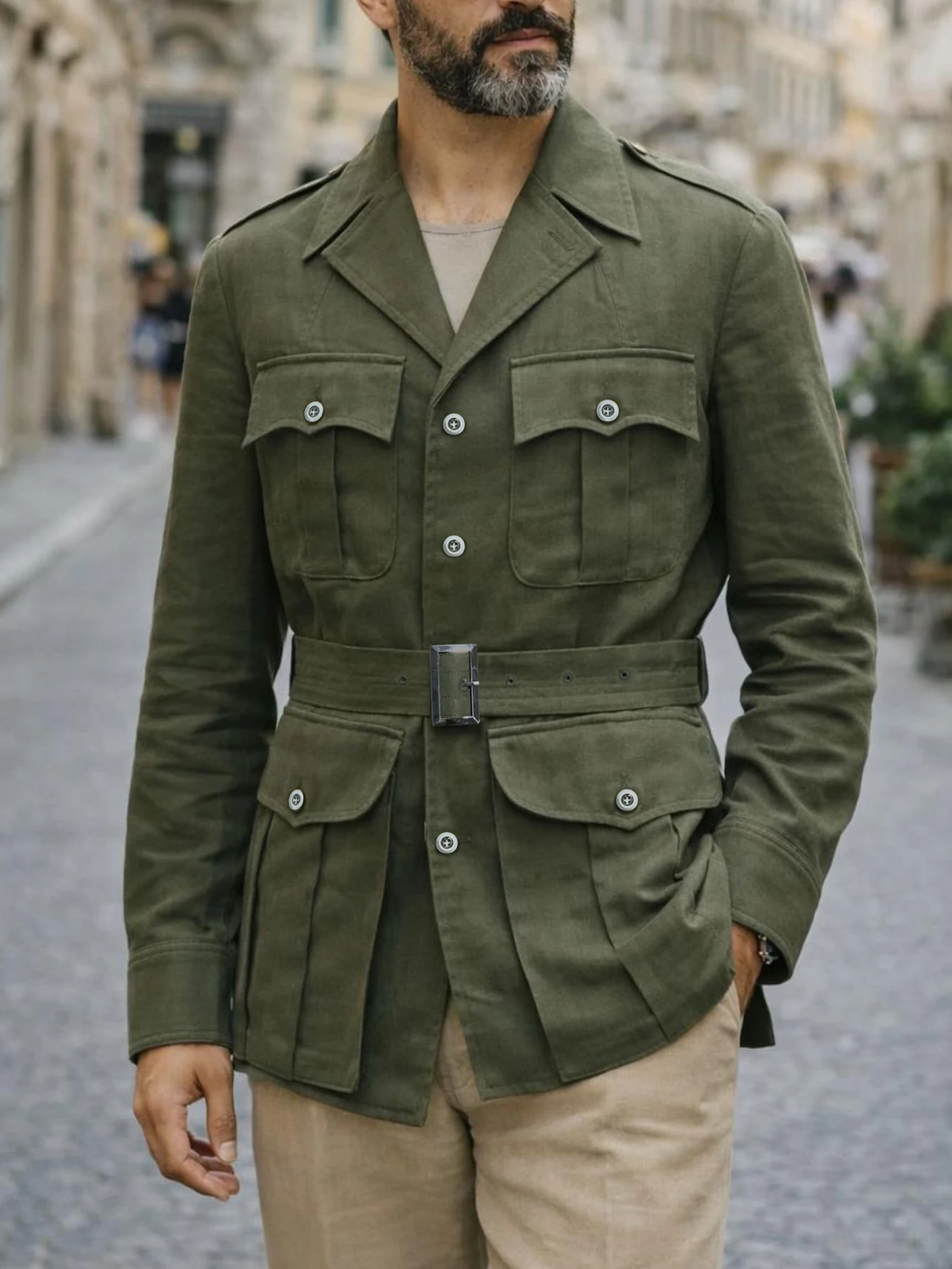 Men 2026 Spring Autumn Belted Safari Jacket, Cotton Twill Multi‑Pocket Coat, Light Business for Daily Office Wear