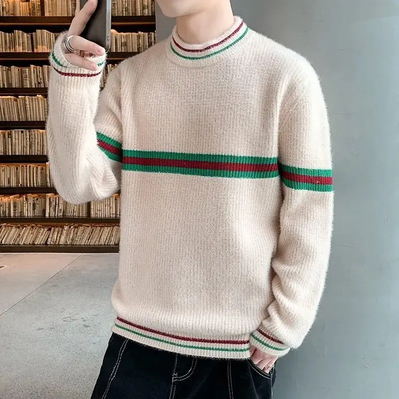 

Autumn Winter Casual Loose Men's Knitted Sweater Color Matching Thickened Pullovers Warm Half-high Collar Base Layer Shirt