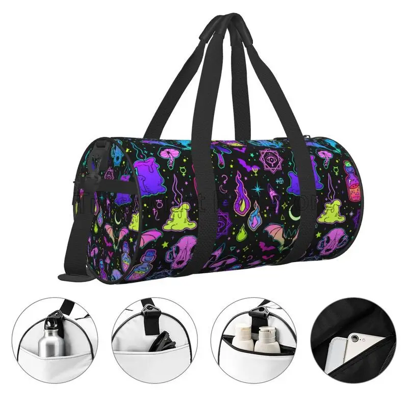 Halloween Skull Bat Mushroom Travel Duffel Bag Waterproof Sports Tote Gym Bags Foldable Luggage Bags Weekender Overnight Bag