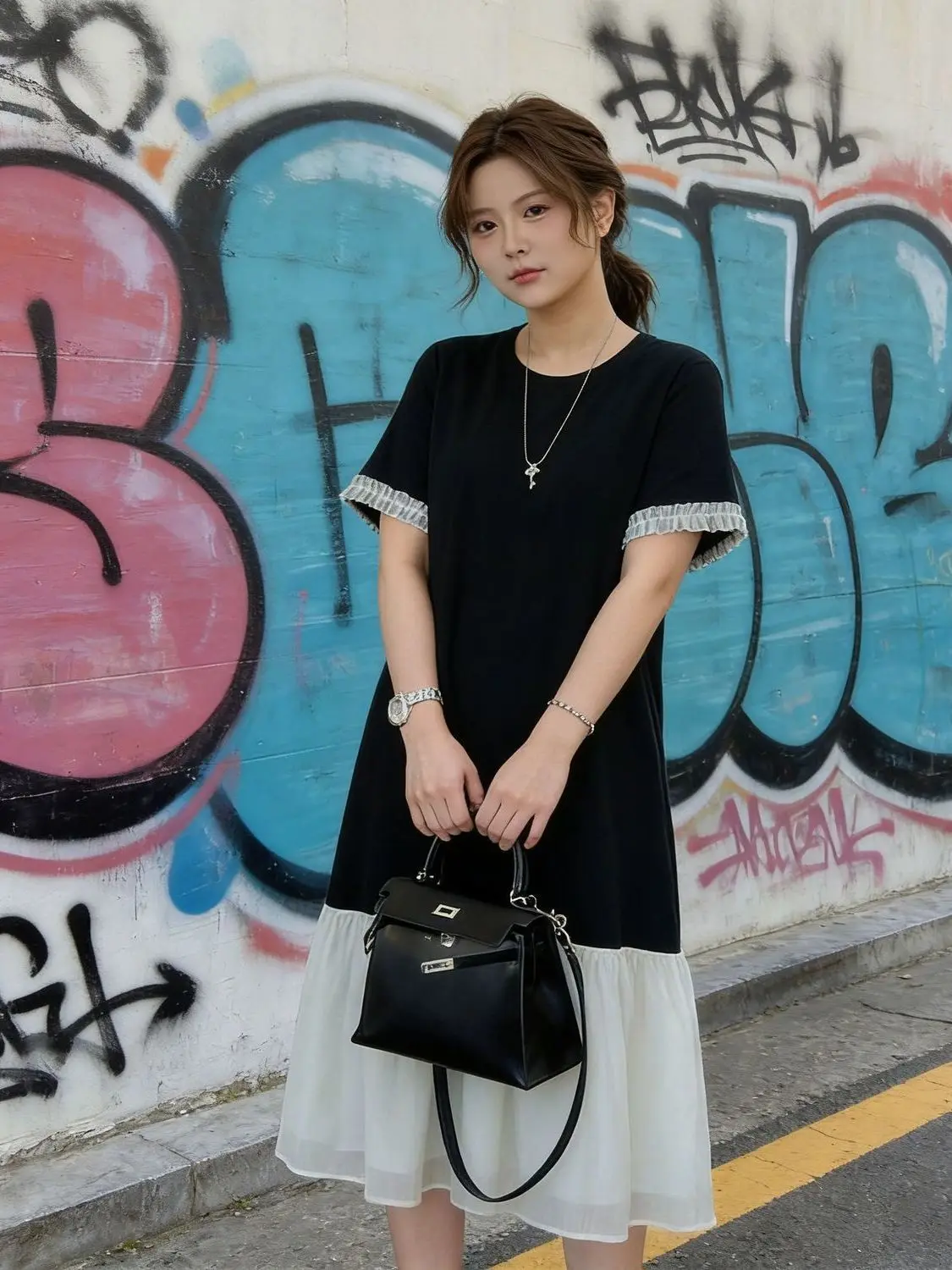 plus Size 300 Pounds Women's Short Sleeve round Neck T-Shirt Dress Summer Loose Commute Style Long Skirt Splice Casual Dress
