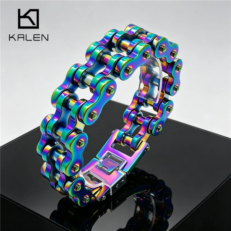 Kalen 21mm Iridescent Stainless Steel Bicycle Chain Bracelet For Men Punk Rock Motorcycle Wrist Cuff Heavy Jewelry Accessories