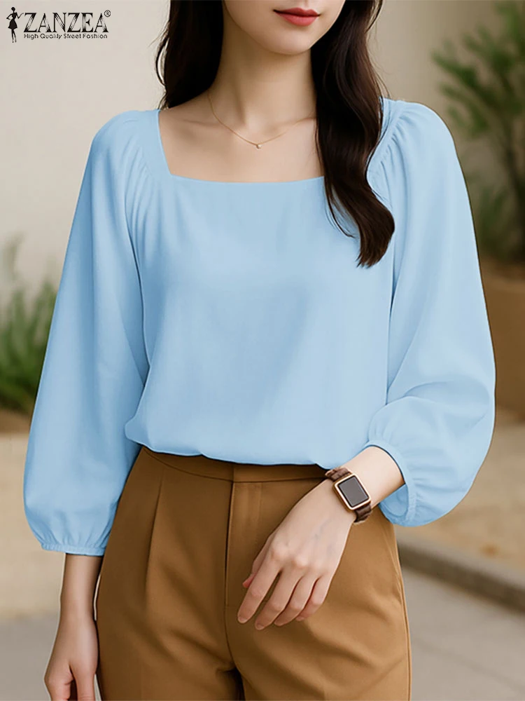 

2025 Autumn Office Shirts ZANZEA Women Elegant Square Neck Long Sleeve Blouses Stylish Solid Work OL Tops Female Blusas Mujer