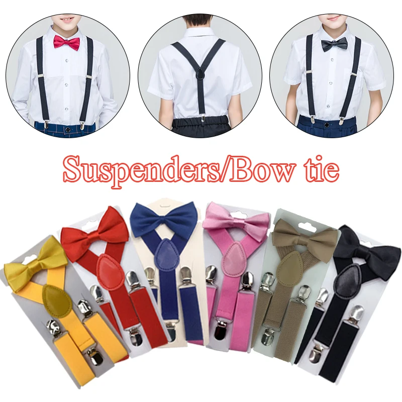 Children Suspenders Bow Tie Set Jeans Polyester Colorful Solid Y-Back Braces Butterfly Adjustable Bow Tie for Boys Suspenders