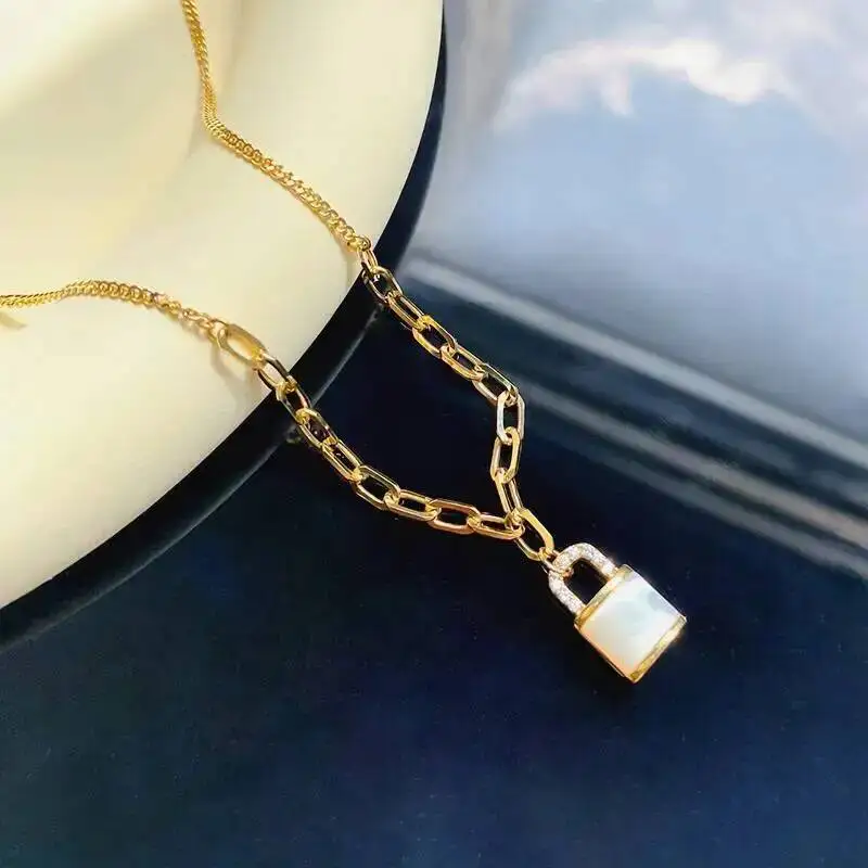 925 Sterling Silver Zircon White Pearl Lock Shaped Pendant Necklace For Women Trendy Paperclip Chain Chokers Necklaces New Gift