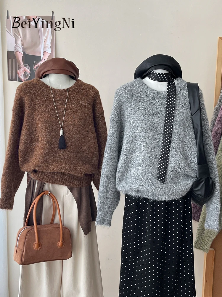 Beiyingni Vintage Casual Sweaters for Women Kpop Style Lazy Loose Knitted Tops Fall Winter Thick Pullover Woman's O-neck Jumper